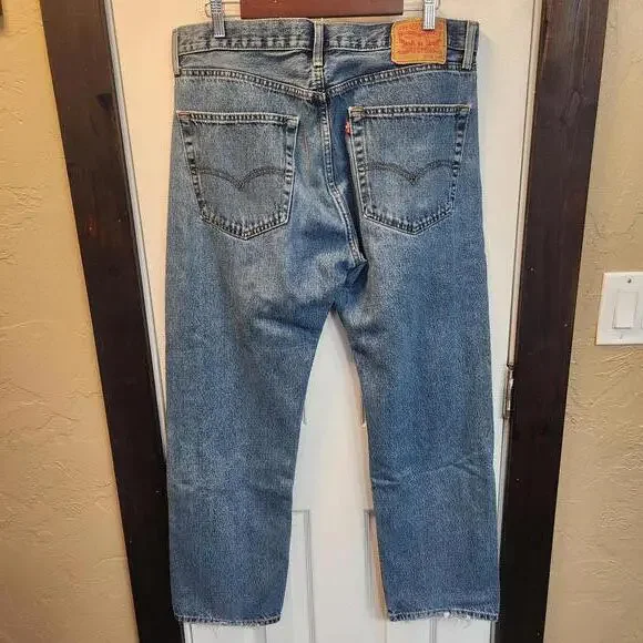 Levi's 505 Regular Straight Leg Denim Jeans - Classic Blue- worn look-36x32 - Picture 3 of 8